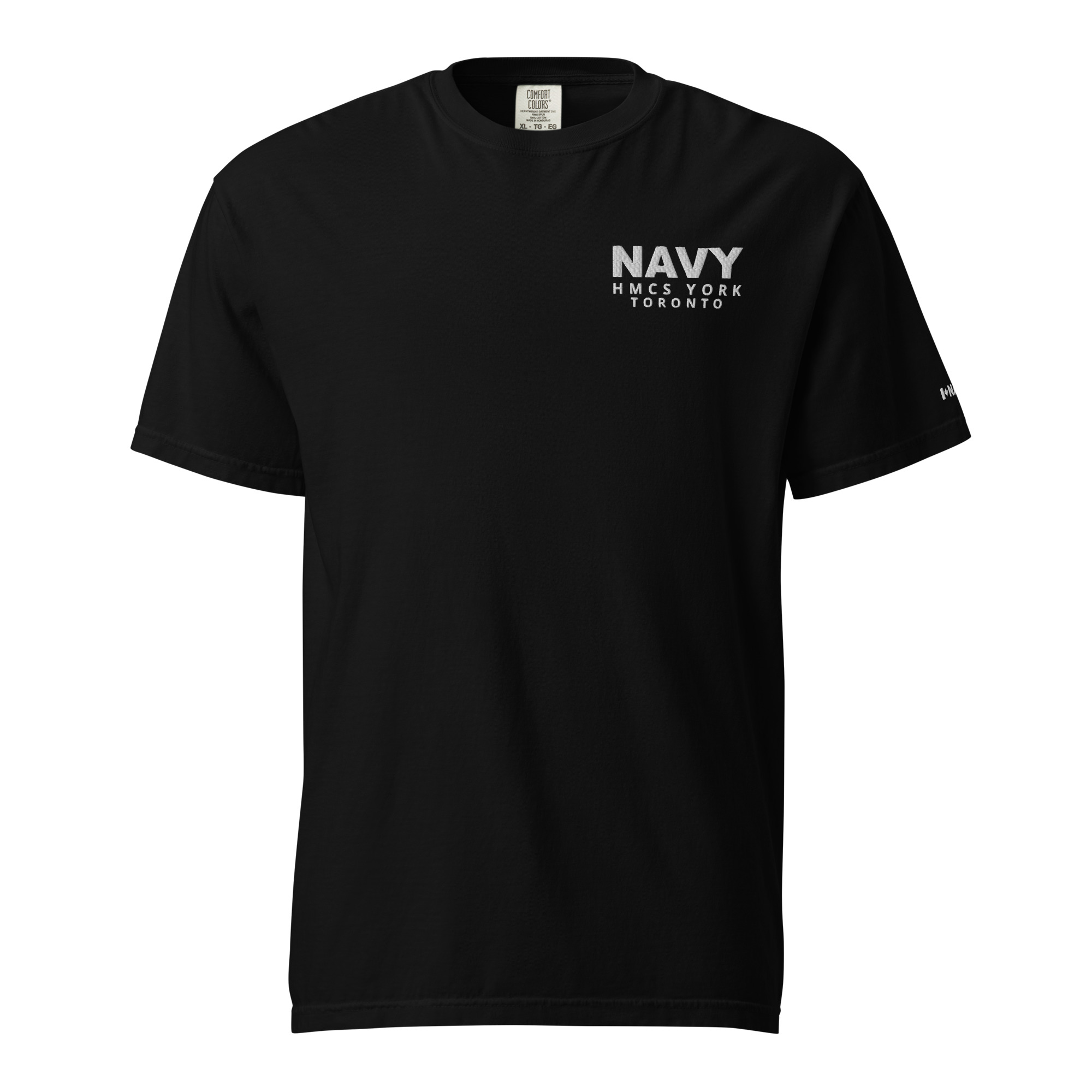 Embroidered HMCS YORK NAVY Unisex garment-dyed heavyweight t-shirt (White Thread)