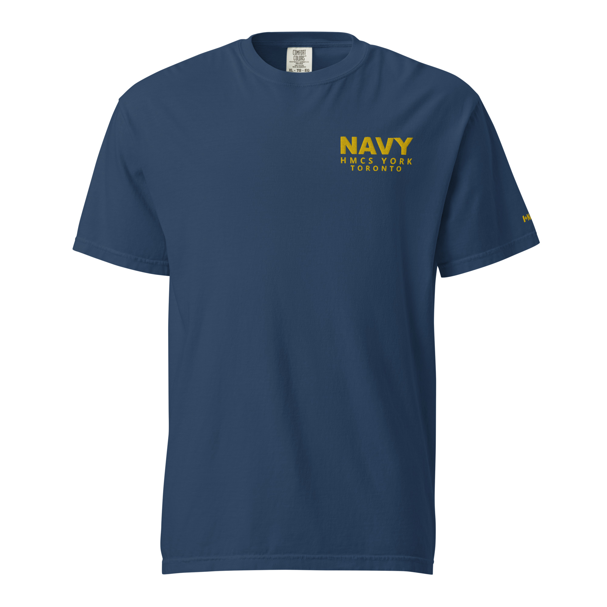 Embroidered HMCS YORK NAVY Unisex garment-dyed heavyweight t-shirt (Gold Thread)