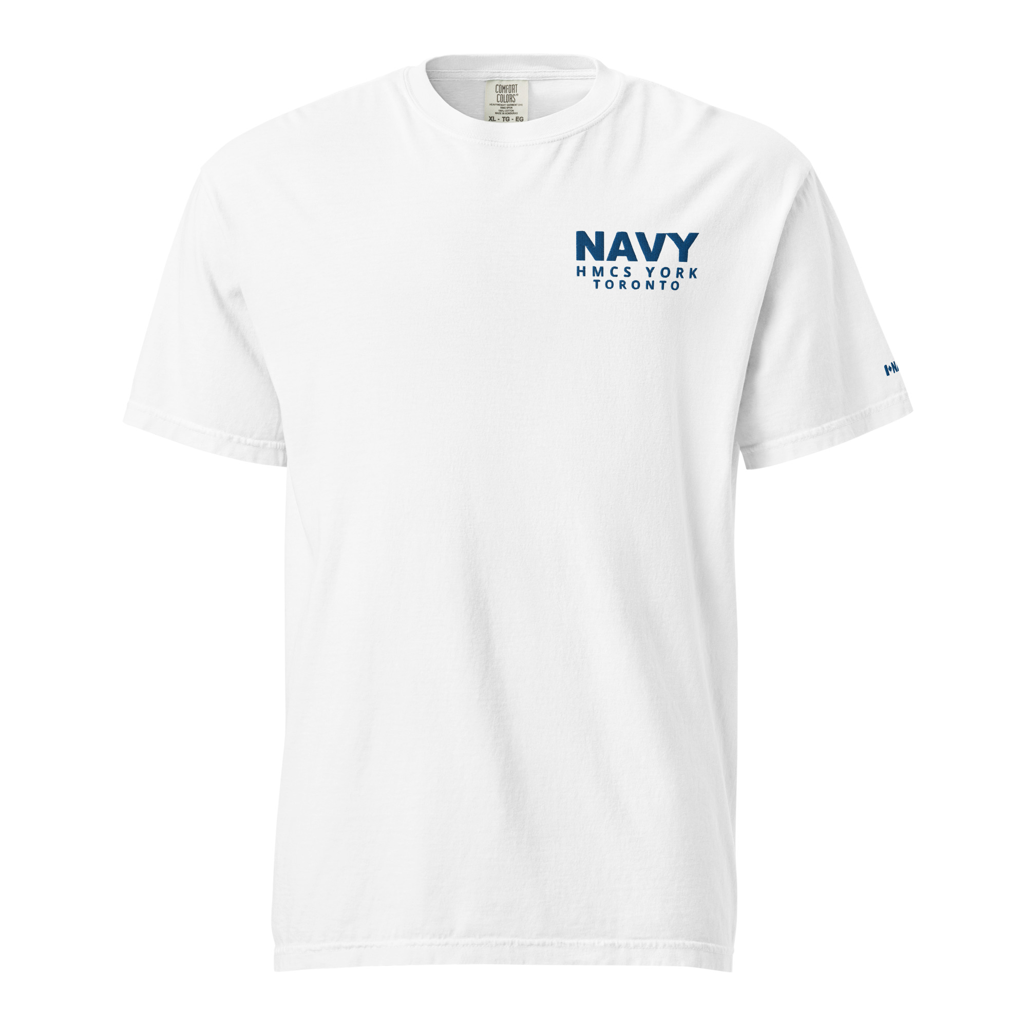 Embroidered HMCS YORK NAVY Unisex garment-dyed heavyweight t-shirt (Blue Thread) - White, L