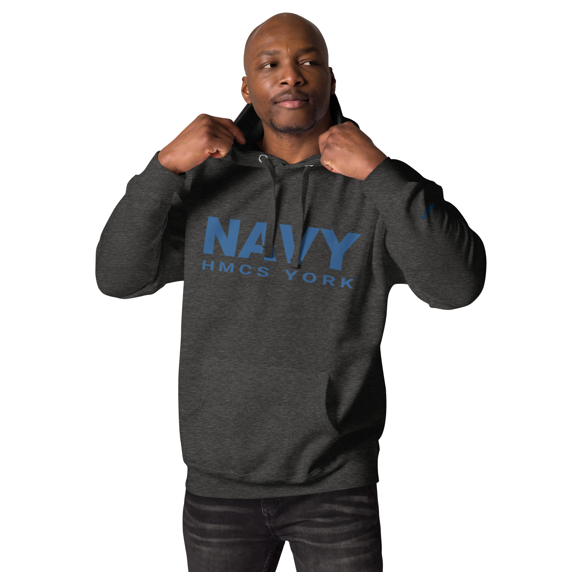 NAVY HMCS YORK Unisex Hoodie (Blue Font) - Charcoal Heather, L