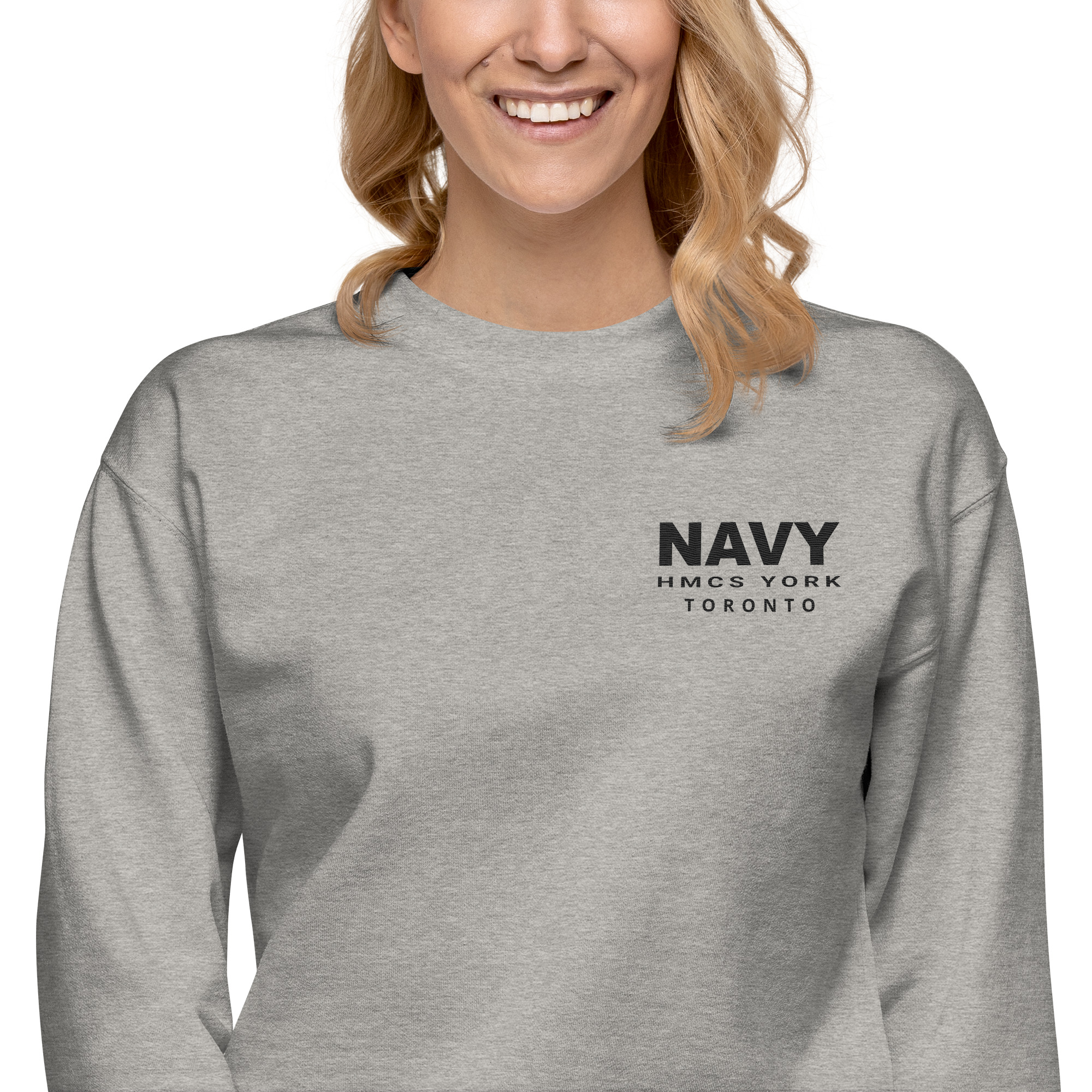 Embroidered HMCS YORK NAVY Unisex Premium Sweatshirt (Black Thread)