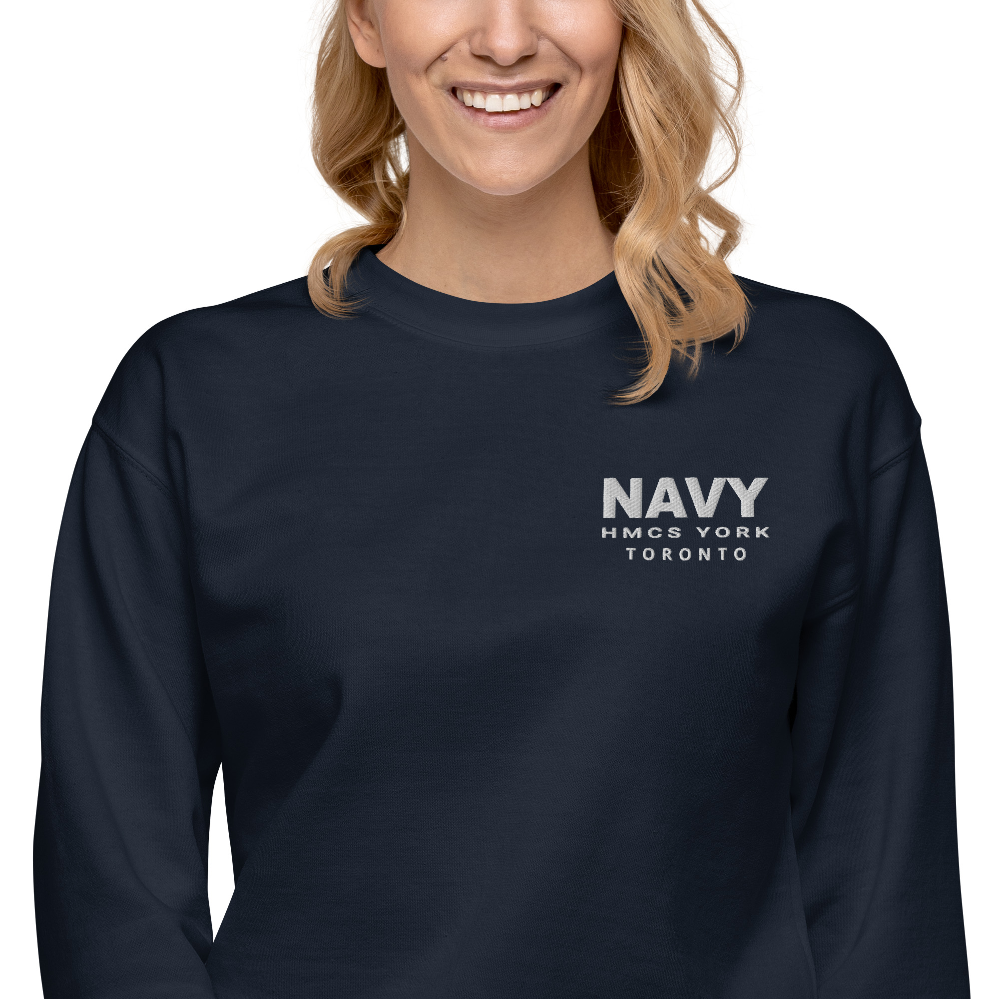 Embroidered HMCS YORK NAVY Unisex Premium Sweatshirt (White Thread)
