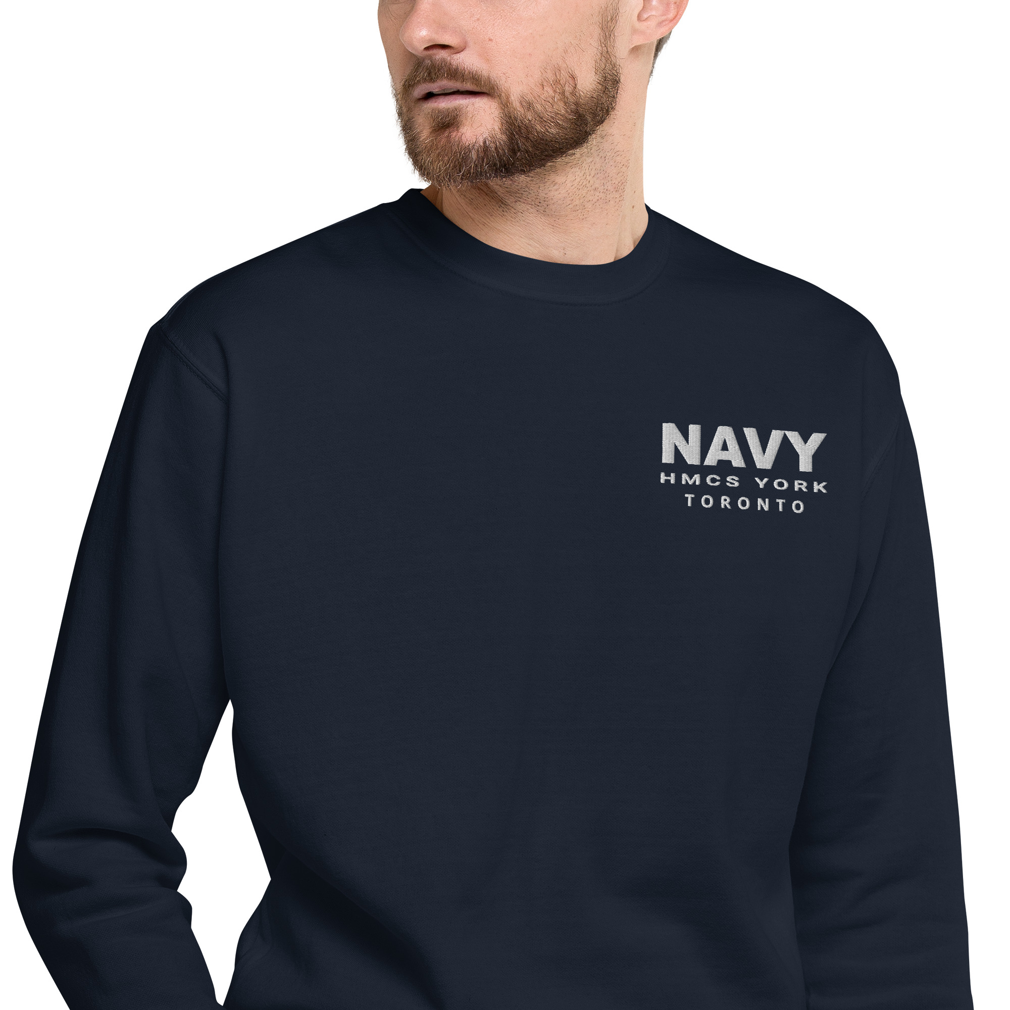 Embroidered NAVY HMCS YORK Unisex Premium Sweatshirt (White Thread) - Navy Blazer, L