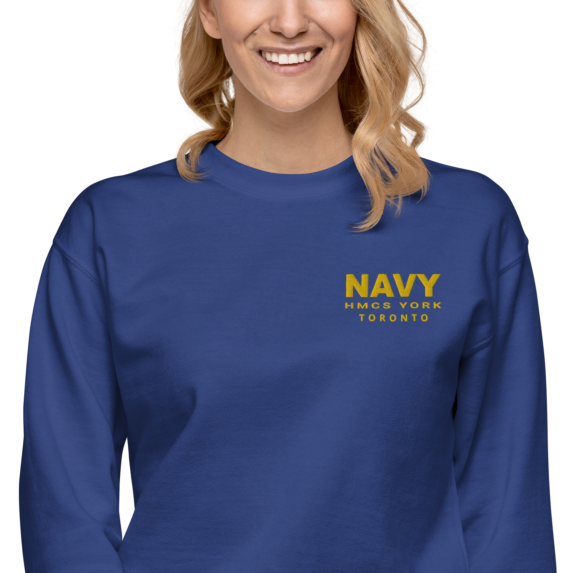 Embroidered HMCS YORK NAVY Unisex Premium Sweatshirt (Gold Thread)