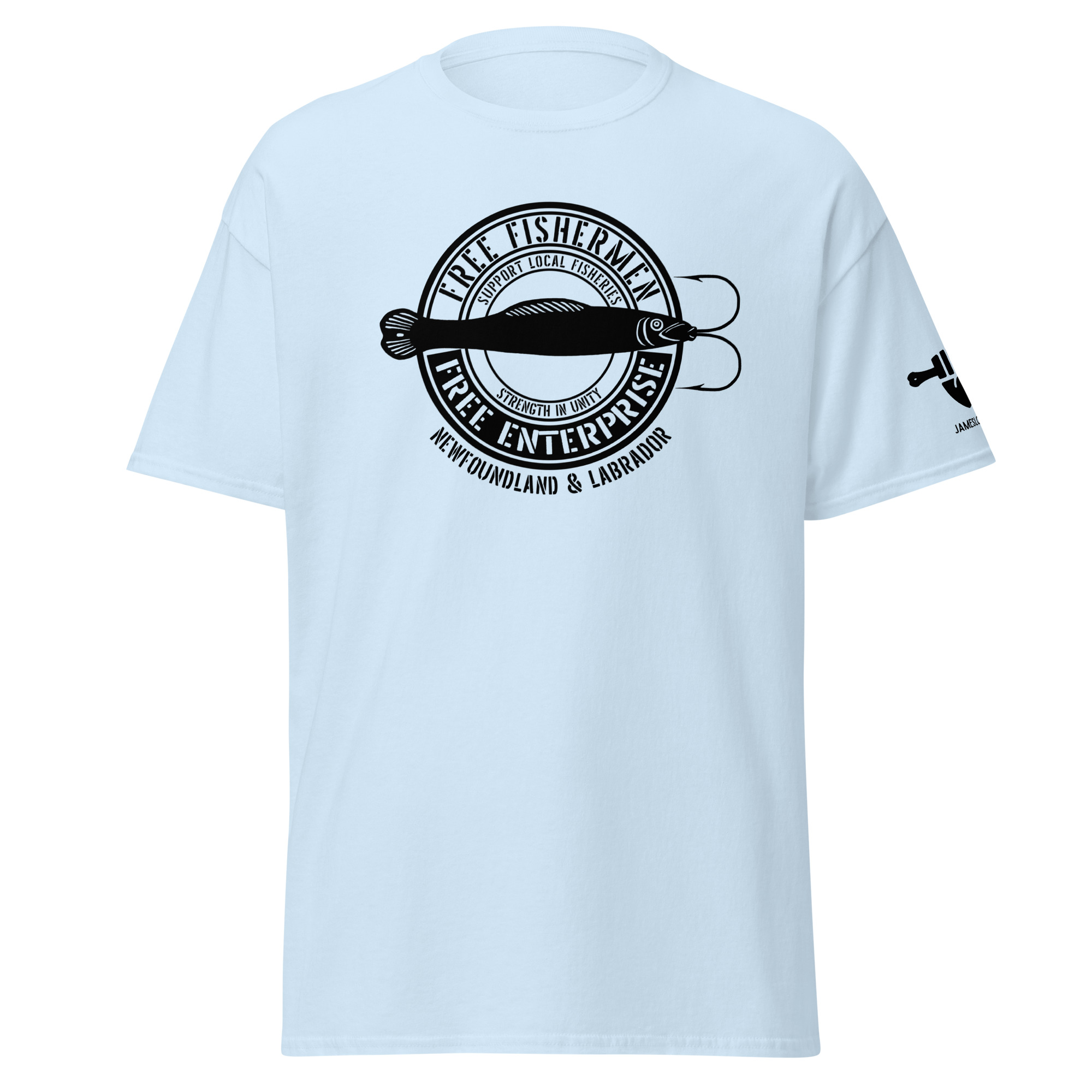 SUPPORT LOCAL FISHERIES: STRENGTH IN UNITY; FREE FISHERMEN FREE ENTERPRISE Newfoundland & Labrador (Black Logo) Unisex classic tee - Image 24