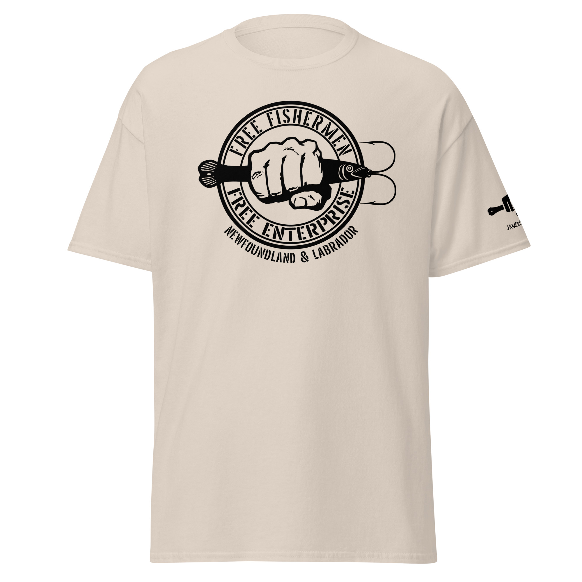 FIST PUNCH & JIGGER: FREE FISHERMEN FREE ENTERPRISE Newfoundland & Labrador (Black Logo) Unisex classic tee