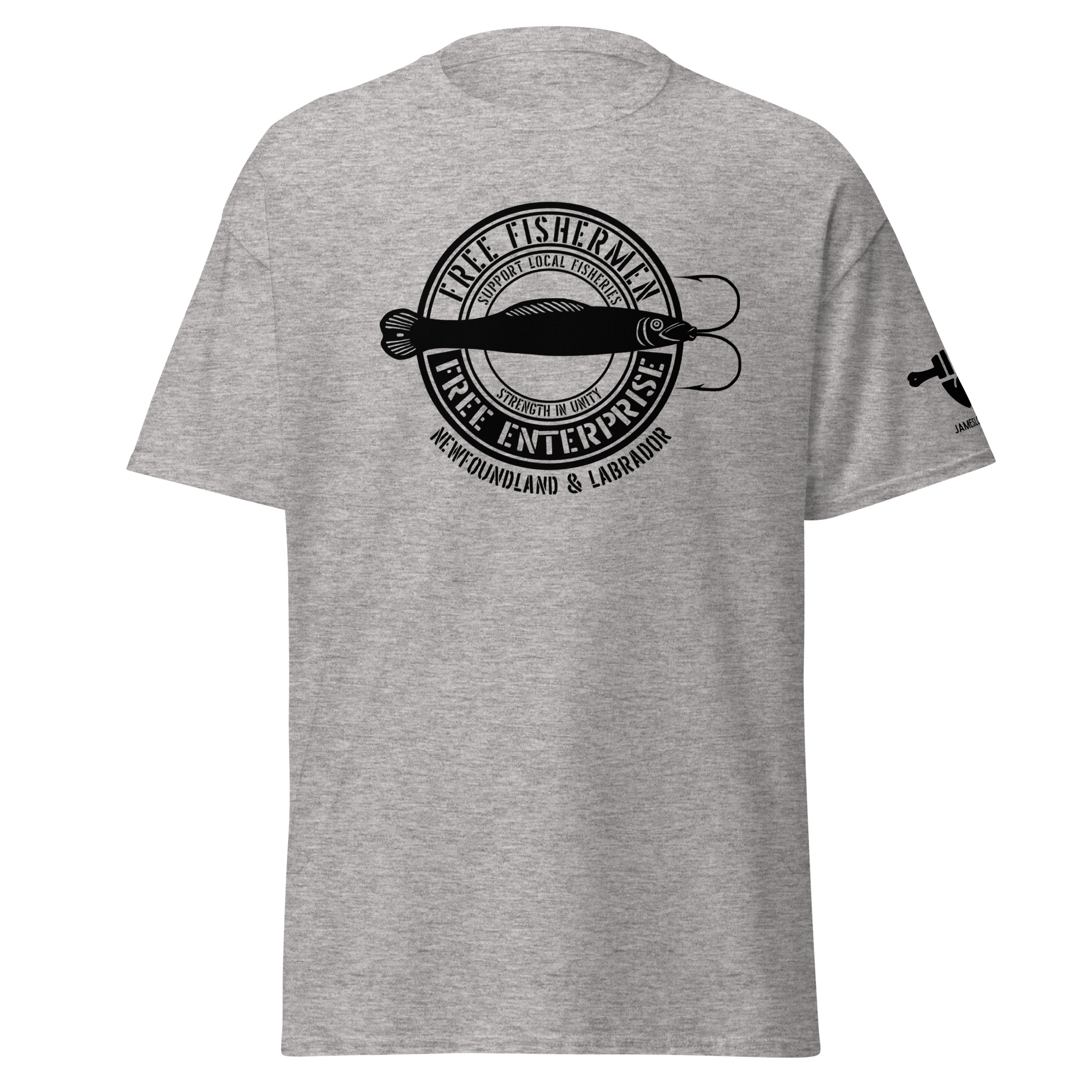 SUPPORT LOCAL FISHERIES: STRENGTH IN UNITY; FREE FISHERMEN FREE ENTERPRISE Newfoundland & Labrador (Black Logo) Unisex classic tee - Image 18