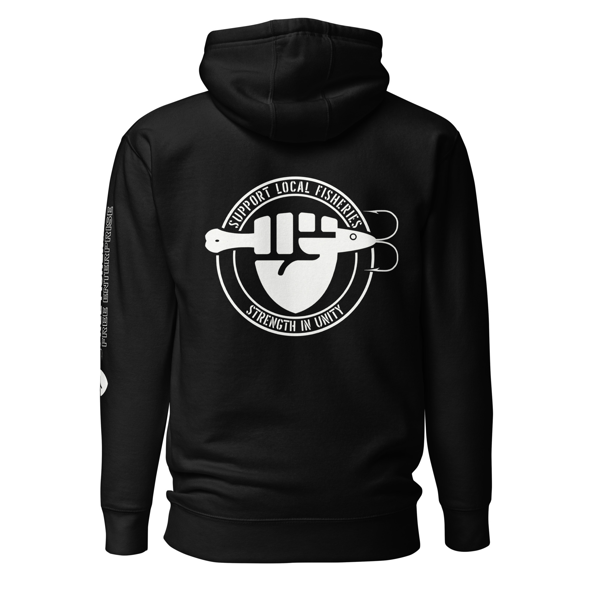 FIST PUNCH & JIGGER: Stylized White (STRENGTH IN UNITY Logo on back) Unisex Hoodie - Image 3