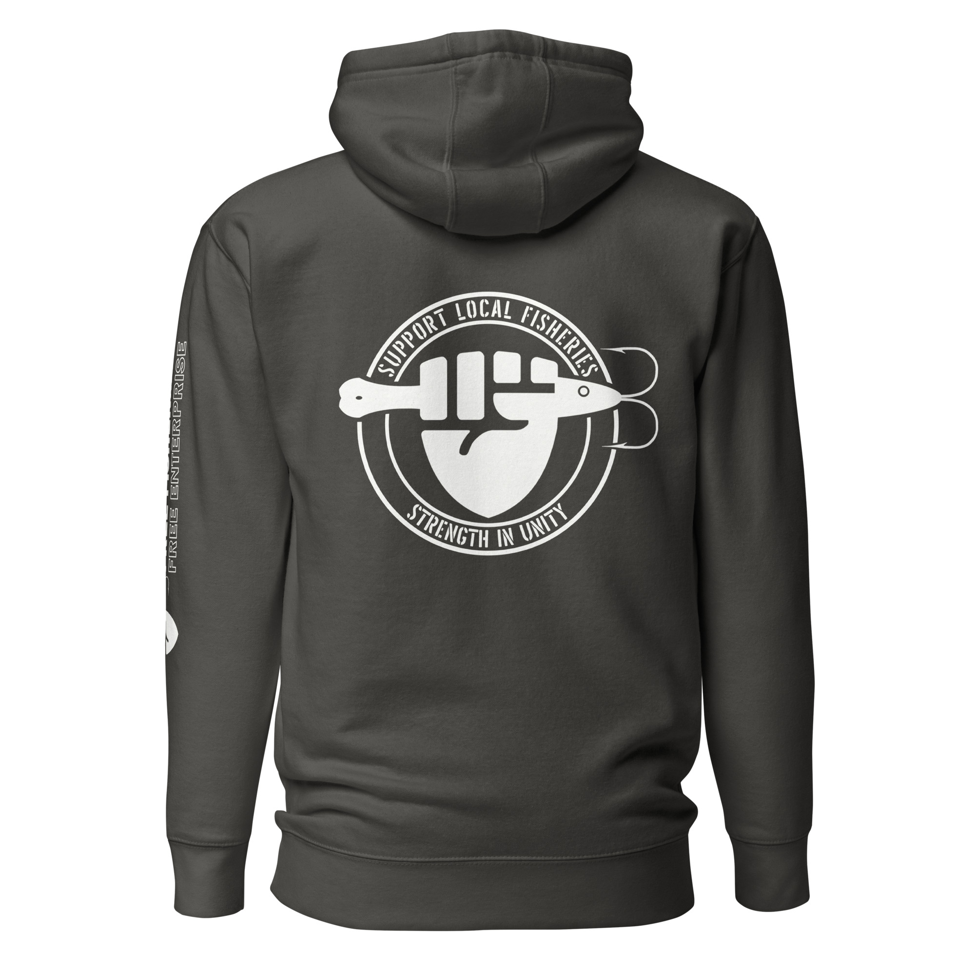 FIST PUNCH & JIGGER: Stylized White (STRENGTH IN UNITY Logo on back) Unisex Hoodie - Image 8